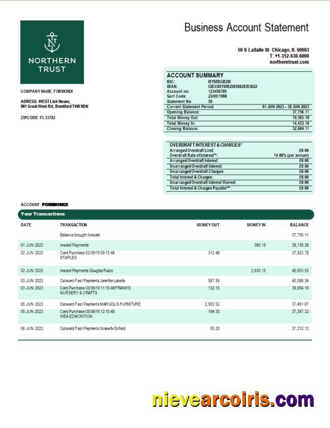 Northern Trust Bank firm statement